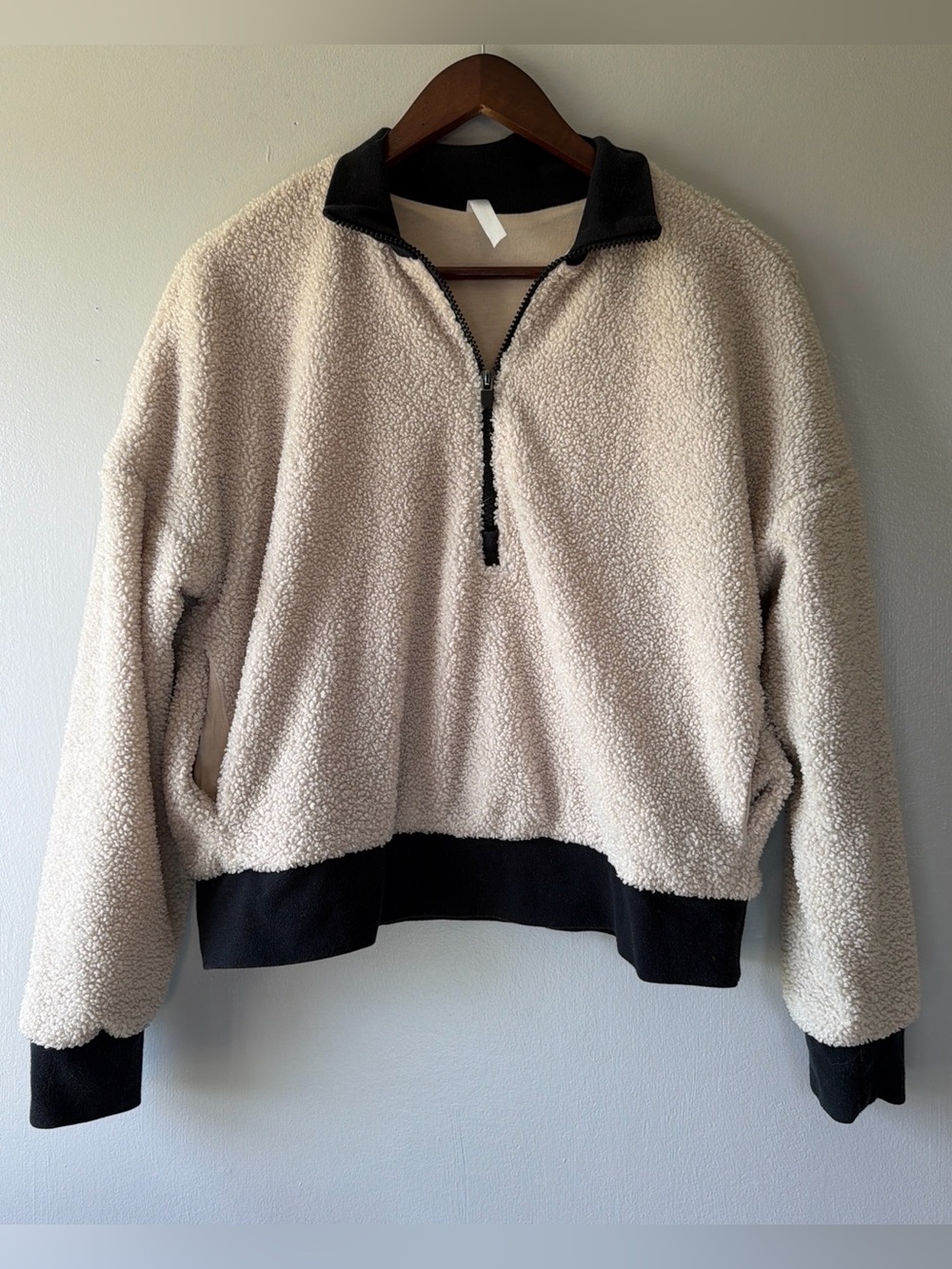 Fabletics Cream Sherpa Half-Zip Pullover with Black Trim